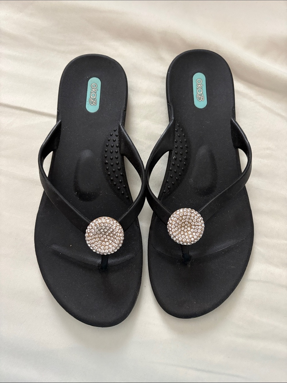 Like new OKA b. Black Sandal with Crystal Disc Accent